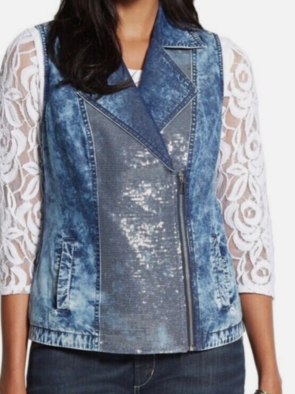 Chico's Denim Stone Washed Sequin Zip Vest size 2